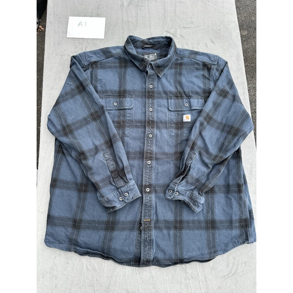 Carhartt Men's 2XL Loose Fit Plaid Button Front Flannel Shirt Blue Black Work